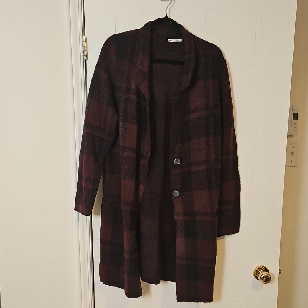 Dex Sweater Womens Large Red black Plaid Open Front Long Line Cardigan buttons